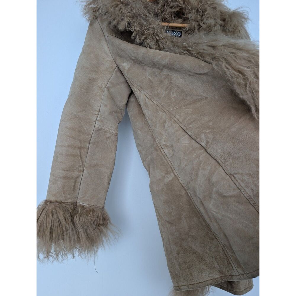 Vintage Real Leather Fur Trim Tan Penny Lane Longline Coat Jacket Sz S XOXO - Picture 14 of 16